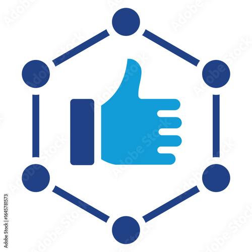 Approval Network Glyph Blue Silhouette Icon Design Vector - Thumbs up inside a connected hexagonal structure showing approval, social validation, or peer endorsement in a networked system
