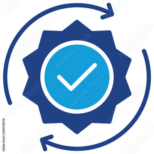Quality Cycle Glyph Blue Silhouette Icon Design Vector - Badge with checkmark and circular arrows illustrating quality assurance or continuous improvement process
