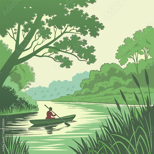 Person in a canoe paddling down a green river surrounded by trees and tall grass in a peaceful scene