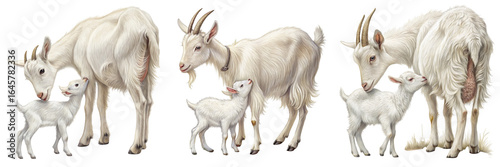 Set of A white goat's baby drinks her mother's milk isolated on a transparent background.