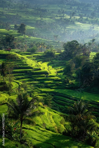 Lush Green Rice Terraces of Bali, Indonesia, with Palm Trees and Tropical Vegetation