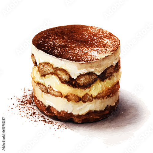 Watercolor vector illustration of Tiramisu Cake, isolated on white background.