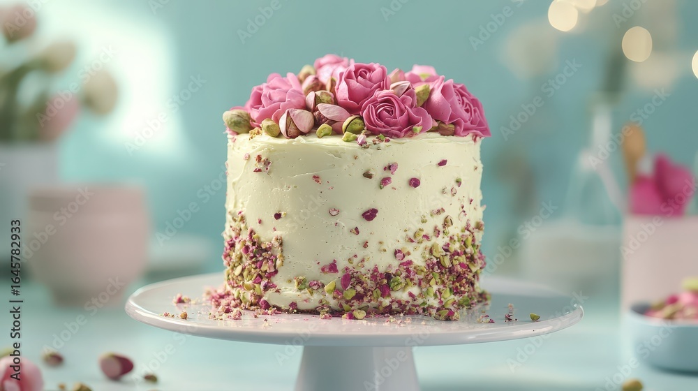 Beautifully Decorated Cake with Pink Roses and Pistachio Toppings Beautifully Decorated Cake with Pink Roses and Pistachio Toppings