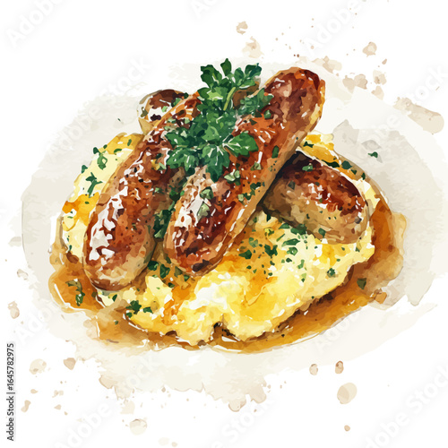 Watercolor vector illustration of Bangers And Mash, isolated on white background.
