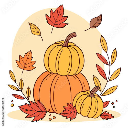 Illustration of stacked pumpkins with autumn leaves and branches on a light yellow background scene view