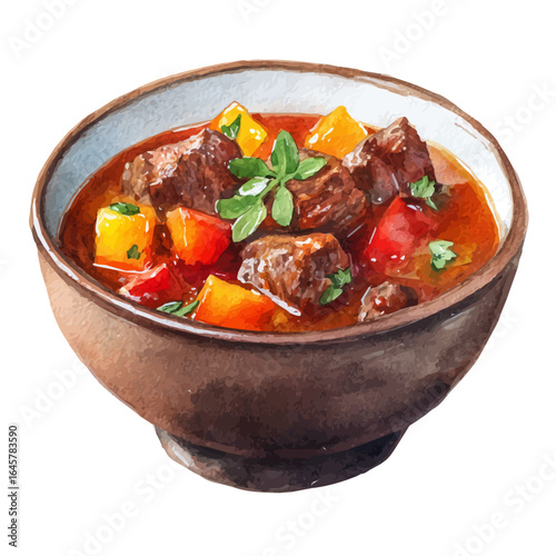 Beef Stew in watercolor style, vector illustration, isolated on white background.