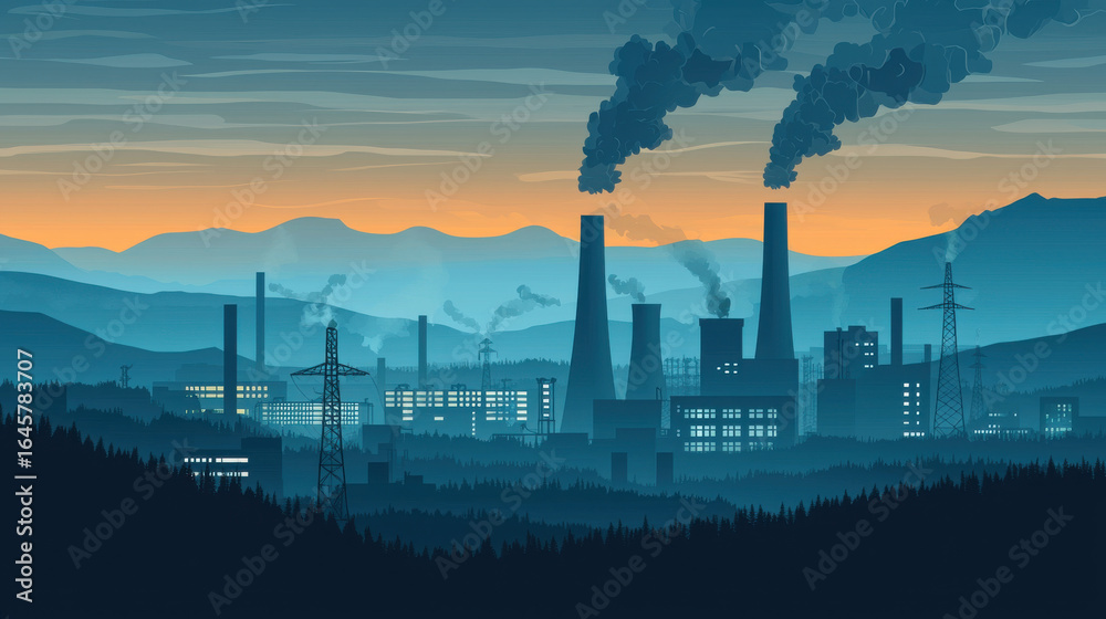 Industrial landscape with factories, smoke, and mountains at sunset Industrial landscape with factories, smoke, and mountains at sunset