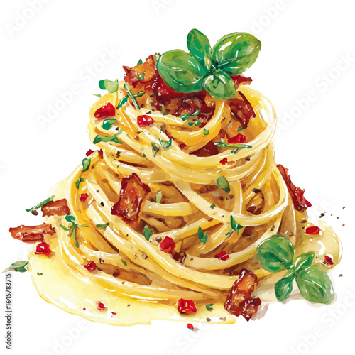 Watercolor vector illustration of Spaghetti Carbonara, isolated on white background.