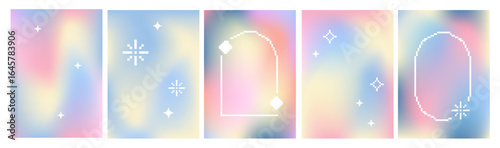 Light multicolor gradient background with pixel sparkle stars and frames. Wave gradation banner. Y2k aesthetic design