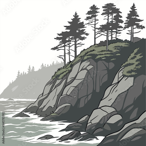 Illustration depicting a rocky coastline with evergreen trees and a misty background landscape view scene