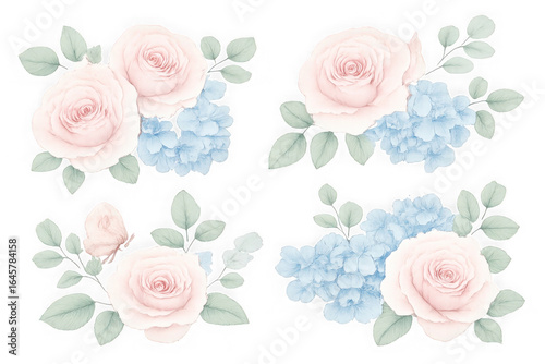 Watercolor floral arrangements of pink roses and blue hydrangeas isolated on transparent background