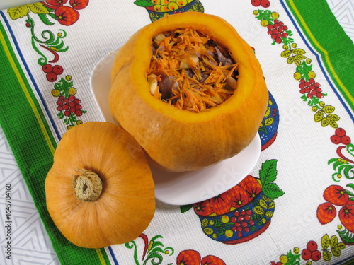 Pumpkin stuffed with meat, vegetables and spices.