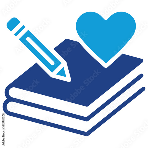 Donation Pledge Glyph Blue Silhouette Icon Design Vector - Heart over paper stack and pencil, symbolizing donation commitment or written charity pledge
