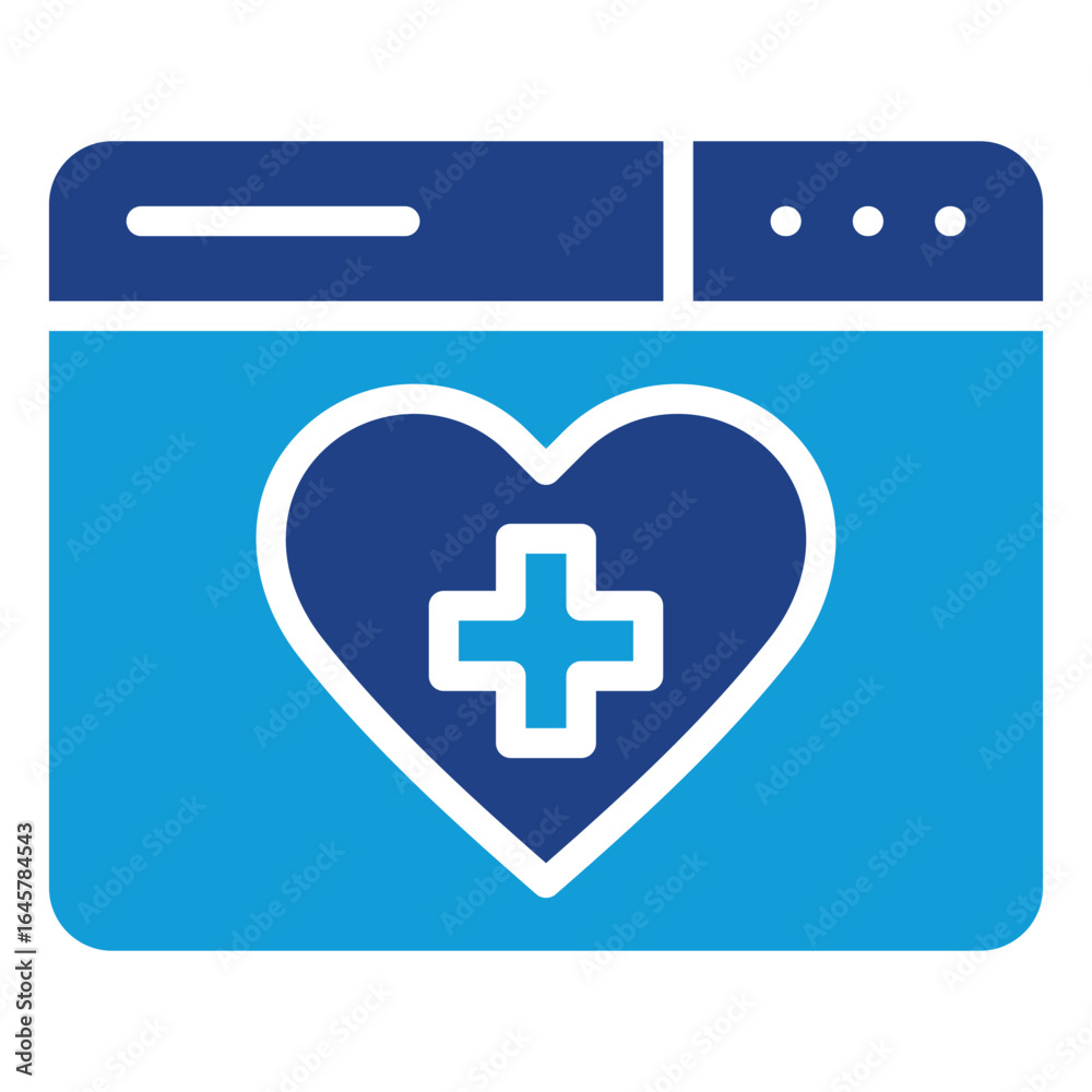 Obraz premium Medical Website Glyph Blue Silhouette Icon Design Vector - Browser window with heart and medical cross, indicating an online health portal or medical site
