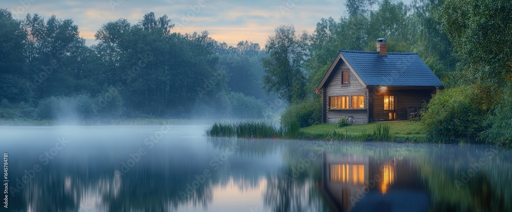 Fototapeta premium A cabin glows beside a misty lake surrounded by trees at dusk or dawn light