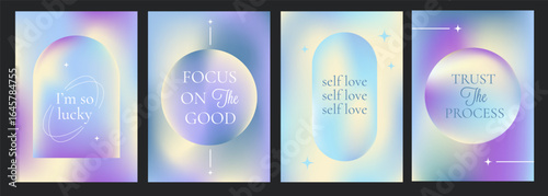 Aesthetic abstract gentle gradient background with motivation quotes. Posters with blurred circle and arc in y2k style.