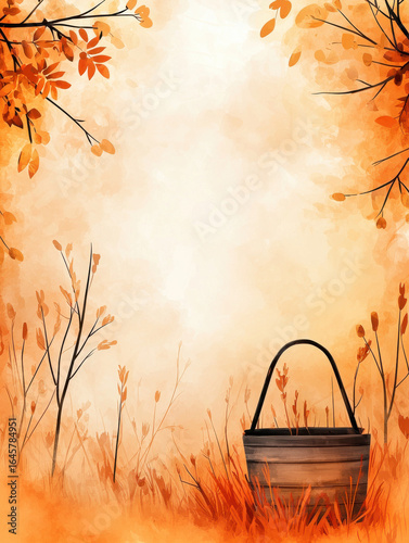 Lush autumn landscape with wooden basket surrounded by orange foliage