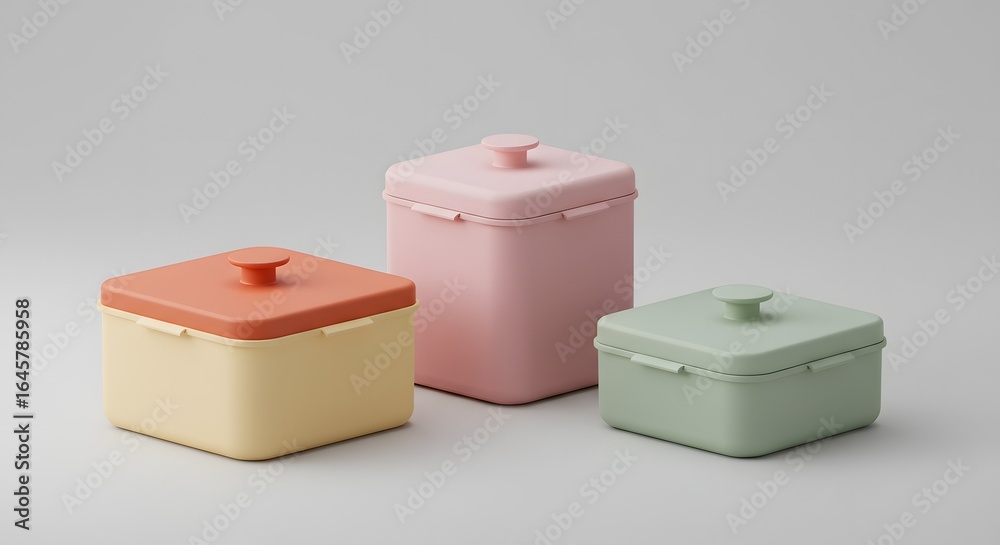 Obraz premium Pastel Colored Food Storage Containers on White Background