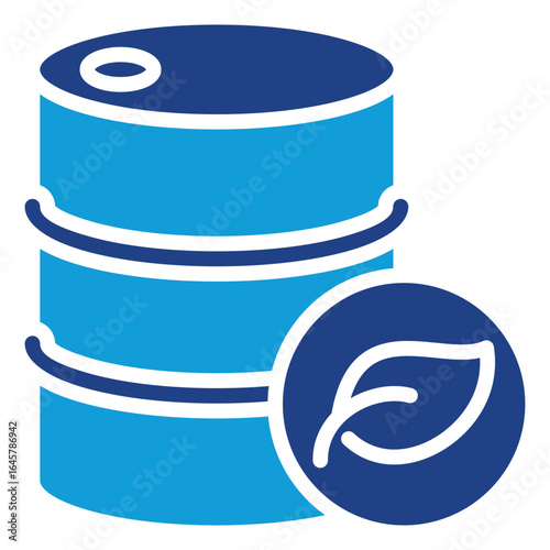 Sustainable Barrel Glyph Blue Silhouette Icon Design Vector - Stacked barrels with leaf symbol indicating sustainable fuel storage or environmentally friendly resources