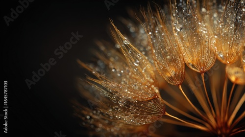 Delicate Water Droplets on a Golden Dandelion Seed Head Close-Up
