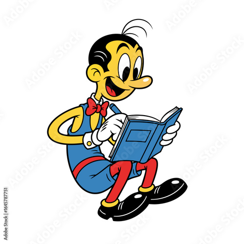 Cheerful Cartoon Character Reading a Book