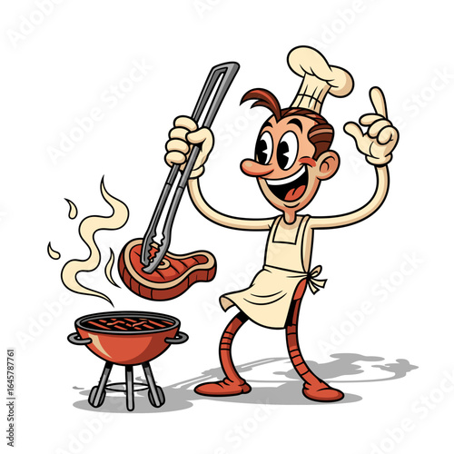 Cheerful Cartoon Cook Preparing Steak On White Background