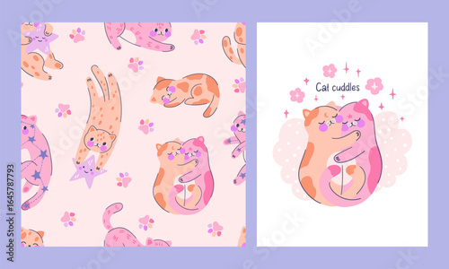 Collection seamless patterns with adorable kittens and composition with cute cats cuddles