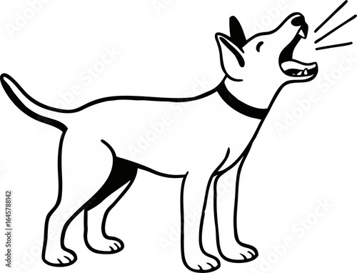 A happy dog standing and barking with its mouth open in a simple line art silhouette