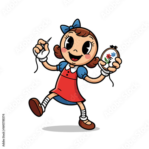 Joyful Cartoon Girl With Red Dress Embroidering Flowers