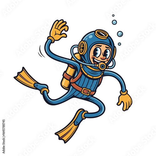 Playful Retro Cartoon Diver In Vintage Diving Gear Underwater