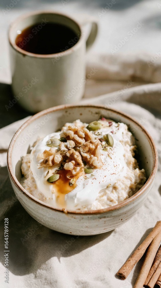 Savor the comfort of autumn with a bowl of creamy oatmeal topped with walnuts and honey, paired with a warm mug of coffee. Enjoy a relaxed moment in the cozy afternoon light Savor the comfort of autumn with a bowl of creamy oatmeal topped with walnuts and honey, paired with a warm mug of coffee. Enjoy a relaxed moment in the cozy afternoon light