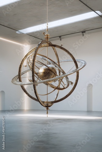 Ornate Armillary Sphere in Minimalist White Room with Arched Doorways