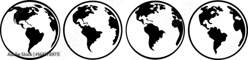 Four identical oval silhouettes of the earth showing continents in black and white representing global connection and repetition silhouette