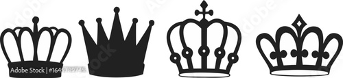 Four distinct black silhouettes of ornate crowns and regal headwear displayed side by side silhouette
