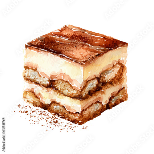 Watercolor vector illustration of Tiramisu, isolated on white background.