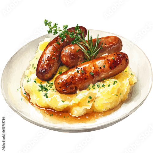 A watercolor painting of Bangers And Mash, vector illustration on white background.