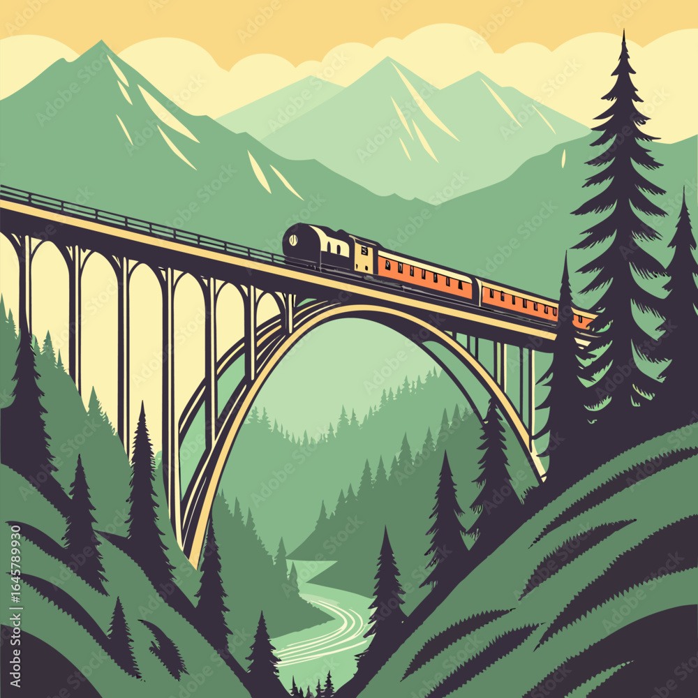 Fototapeta premium A train crossing a high bridge over a river valley with mountains and evergreen trees in the background