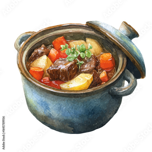 Beef Stew in watercolor style, vector illustration, isolated on white background.