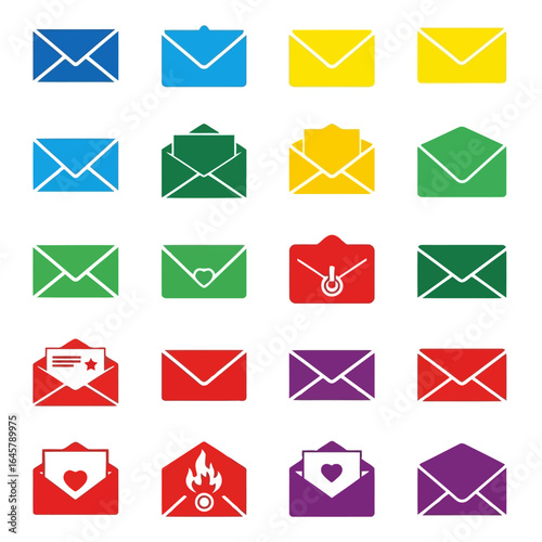 Vector art of collection of various colorful envelopes and mail icons isolated on white background