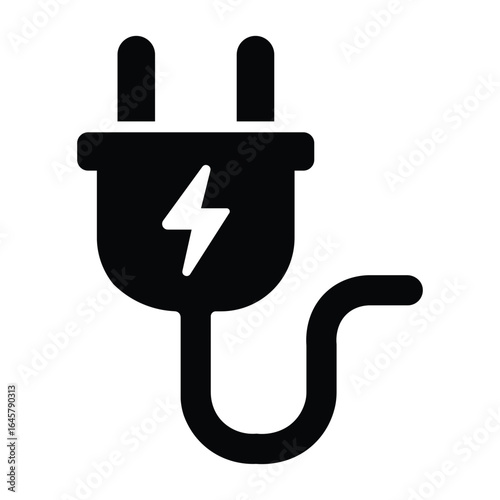 Minimalist black and white electrical plug icon with two prongs, curved cable, and lightning bolt symbol. Bold lines, frontal view, clean design, symbolizing power and electricity.