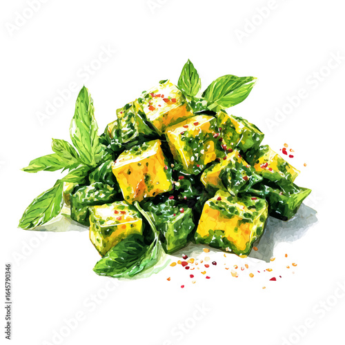 Saag Paneer, watercolor painting, vector illustration, isolated on a white background.