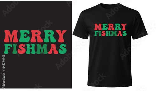 Merry Fishmas Typography Christmas T-Shirt Design – Red and Green Retro Letters


