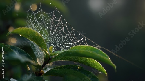 Dew-Kissed Spider Web on Leaf in Early Morning Light