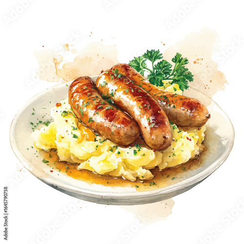 Bangers And Mash, watercolor painting, vector illustration, isolated on a white background.