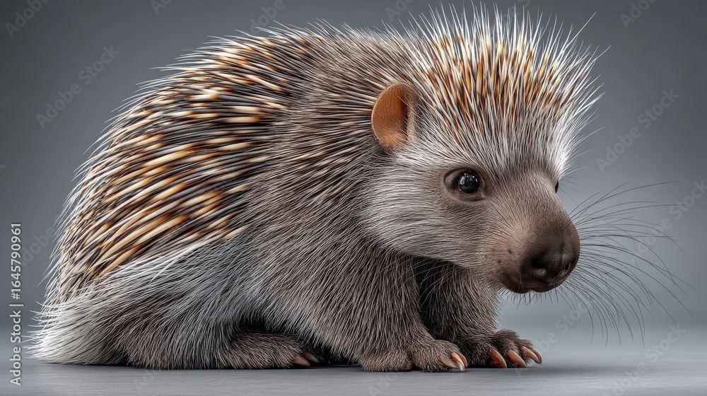 Fototapeta premium Porcupine with sharp quills in a neutral background.