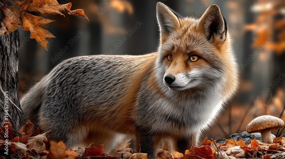 Fototapeta premium Fox in a forest with autumn leaves and a soft background.