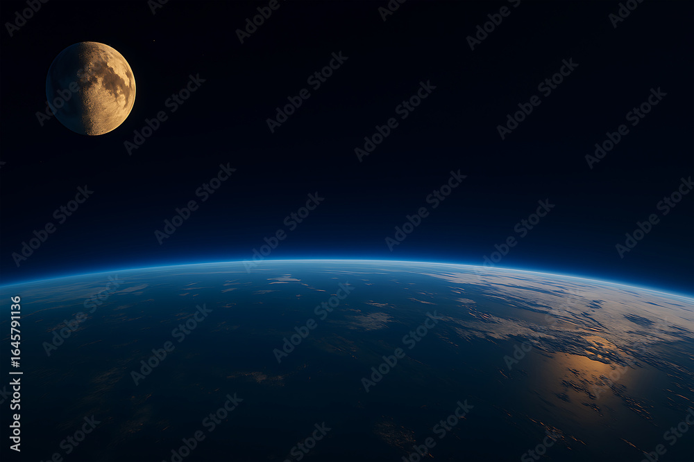 Obraz premium Stunning View of Earth and Moon from Space with Sunrise Glow