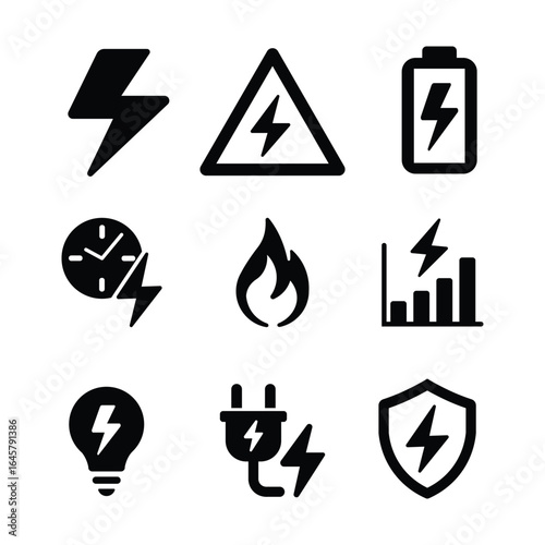 Set of nine minimalist black and white electricity icons including lightning bolt, clock, fire, battery, plug, bulb, warning sign, graph, and shield on plain white background in grid layout.