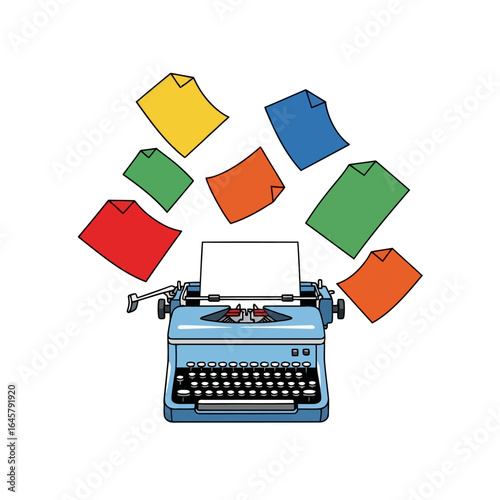 Vector art of vintage blue typewriter with colorful papers flying around it, isolated on white background