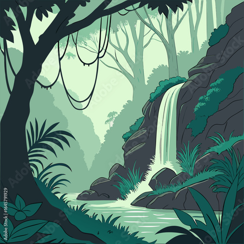 Illustration of a waterfall cascading down rocks into a river surrounded by lush green vegetation and trees